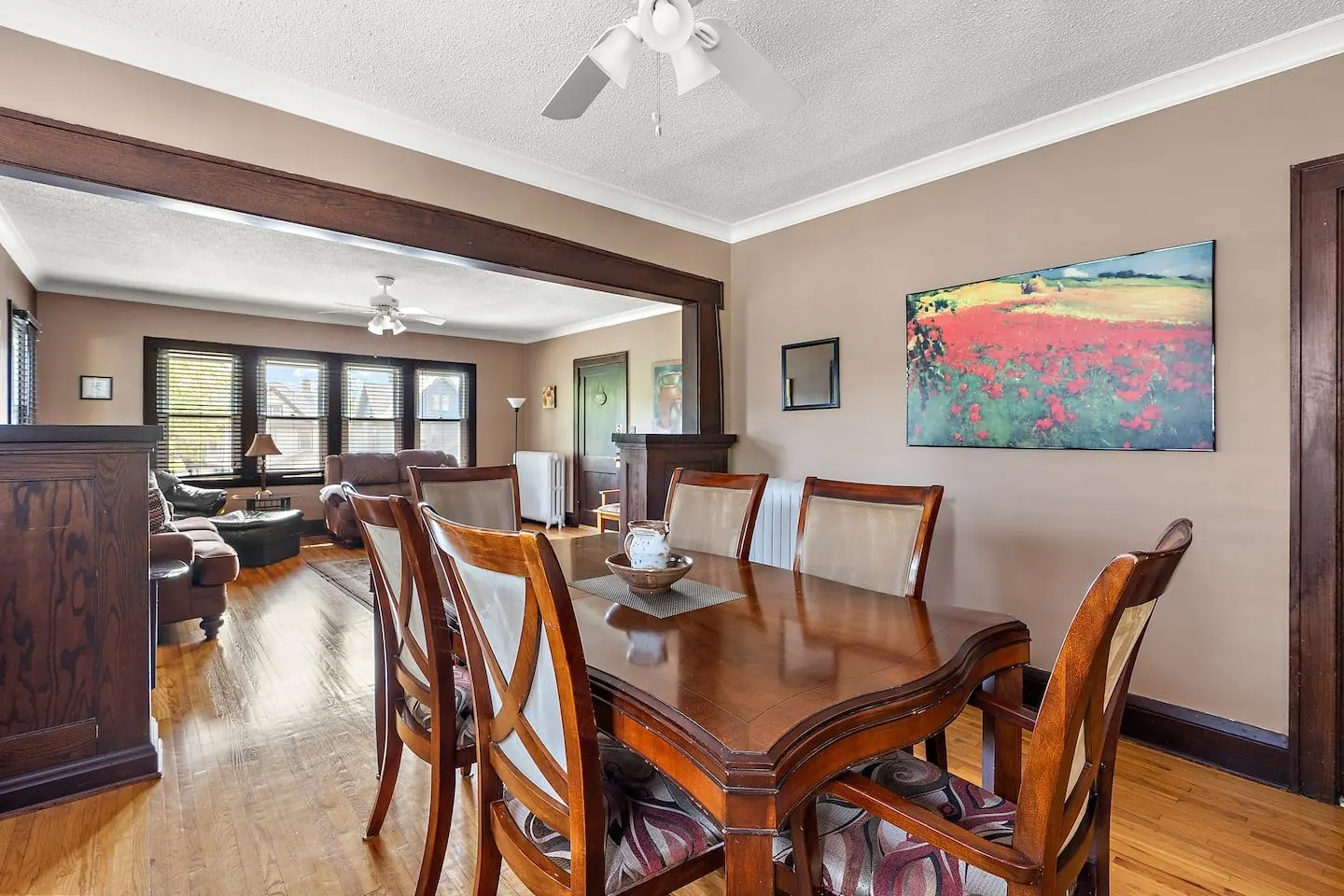 Formal dining room with a table for six